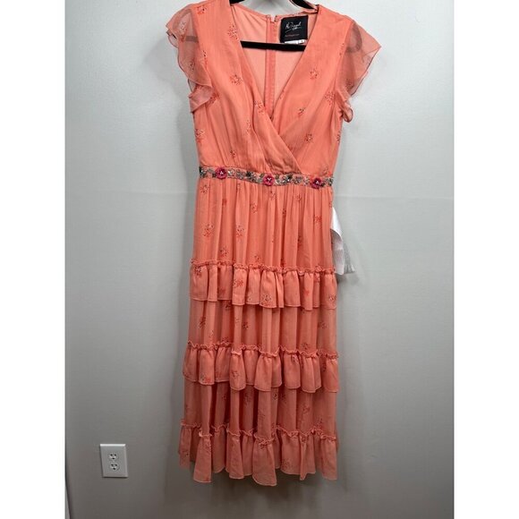 MAC DUGGAL 70115 Tiered Ruffle Chiffon Tea Length Dress in Apricot Size 4 New - Picture 3 of 7